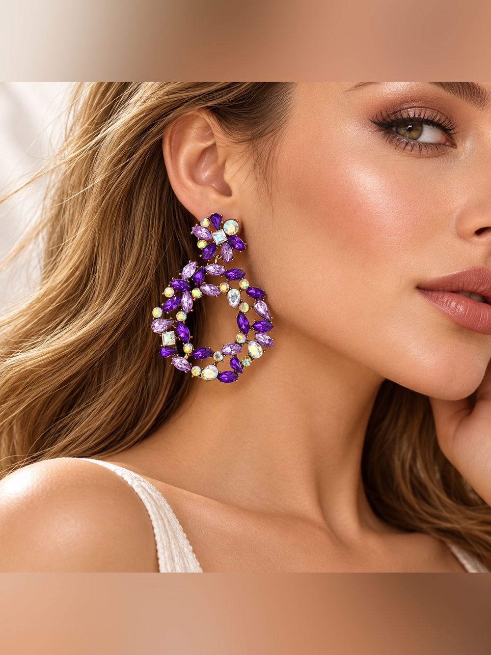 Elegant Purple Crystal Hoop Drop Earrings - Women Jewelry